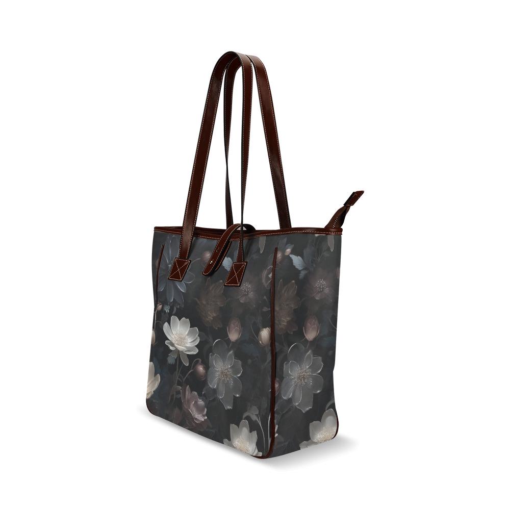 Dark Academia Bold Floral Style Handbag – Black Gray Classic Large Tote Bag