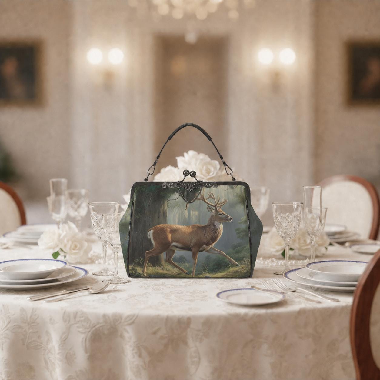 Majestic Deer Forest Dark Academia Handbag - Fairycore Kisslock Crossbody Shoulder Bag