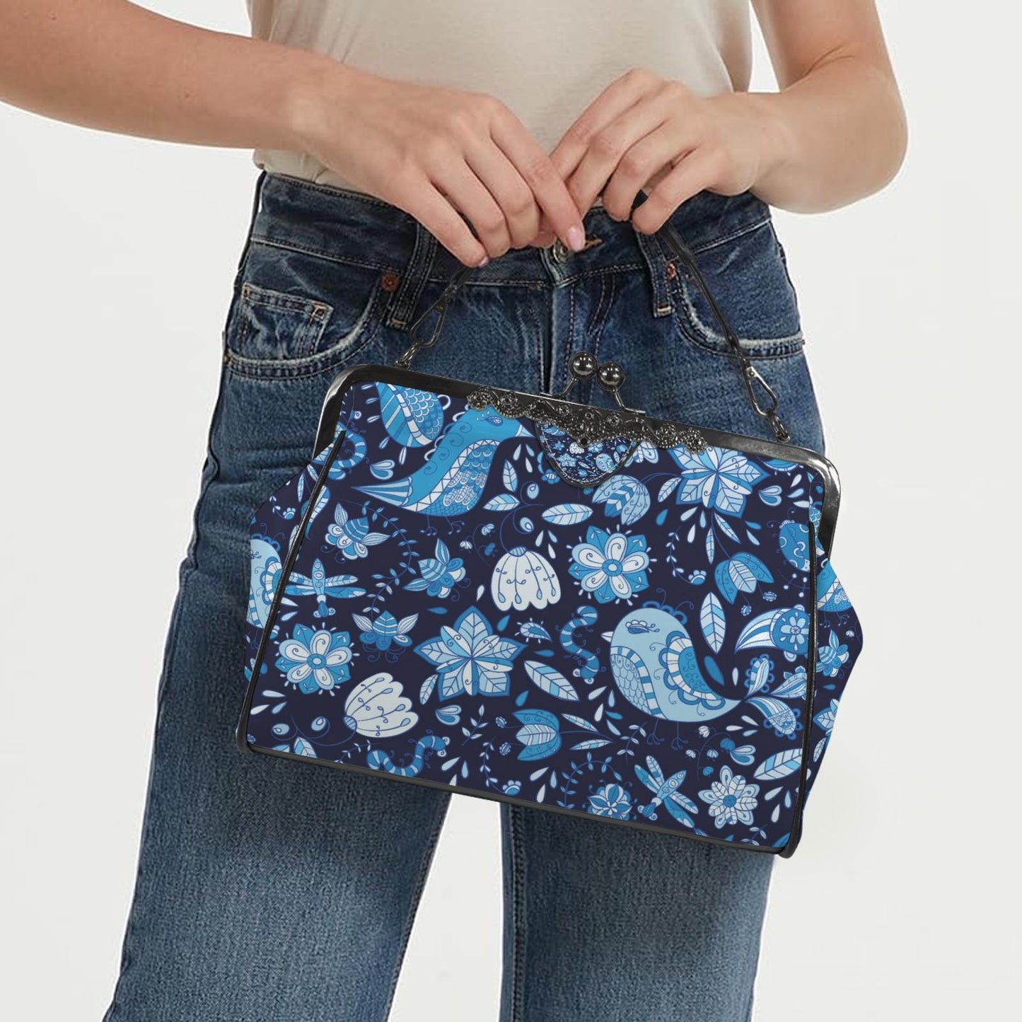 Blue Birds Flowers Folkloric Kisslock Crossbody Bag – Vintage Handbag with Adjustable Strap