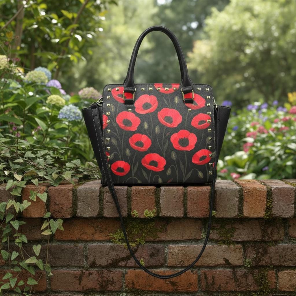 Black Red Poppy Floral Studded Shoulder Bag – Vintage Garden Rivet Handbag