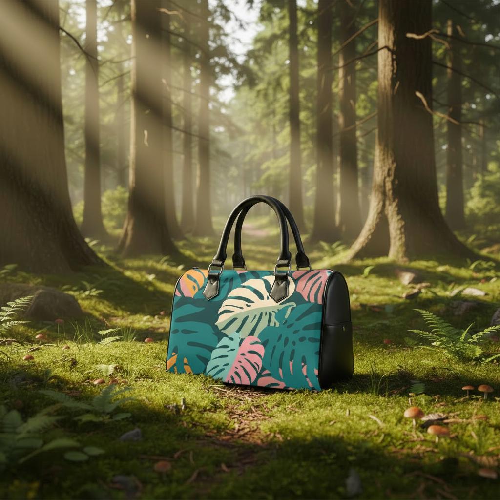 Retro Monstera Print Barrel Handbag – Black Green Pink Everyday Purse