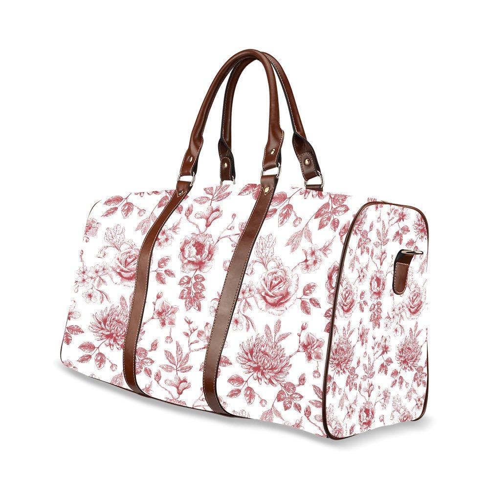 Toile de Jouy Red White Floral Travel Bag – French Vintage Weekender Duffle