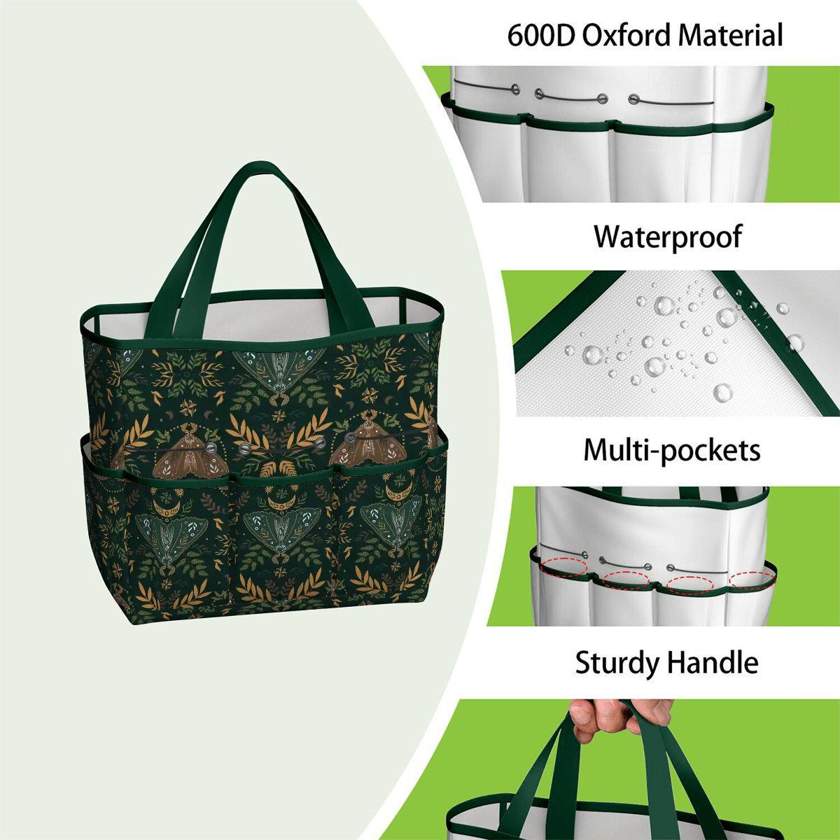 Dark Green Folkloric Garden Tote – Gardening Tool Organizer Bag With Pockets