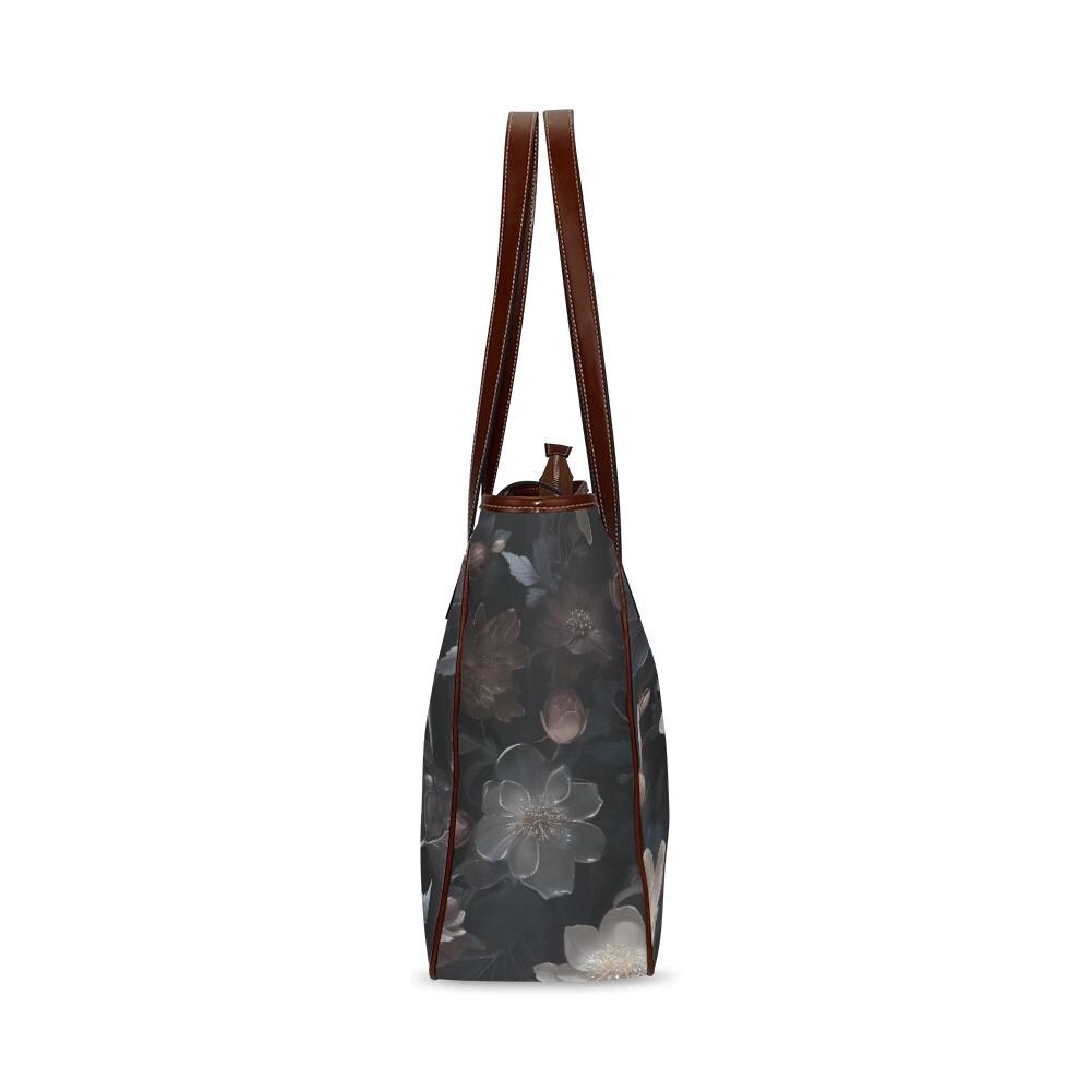 Dark Academia Bold Floral Style Handbag – Black Gray Classic Large Tote Bag