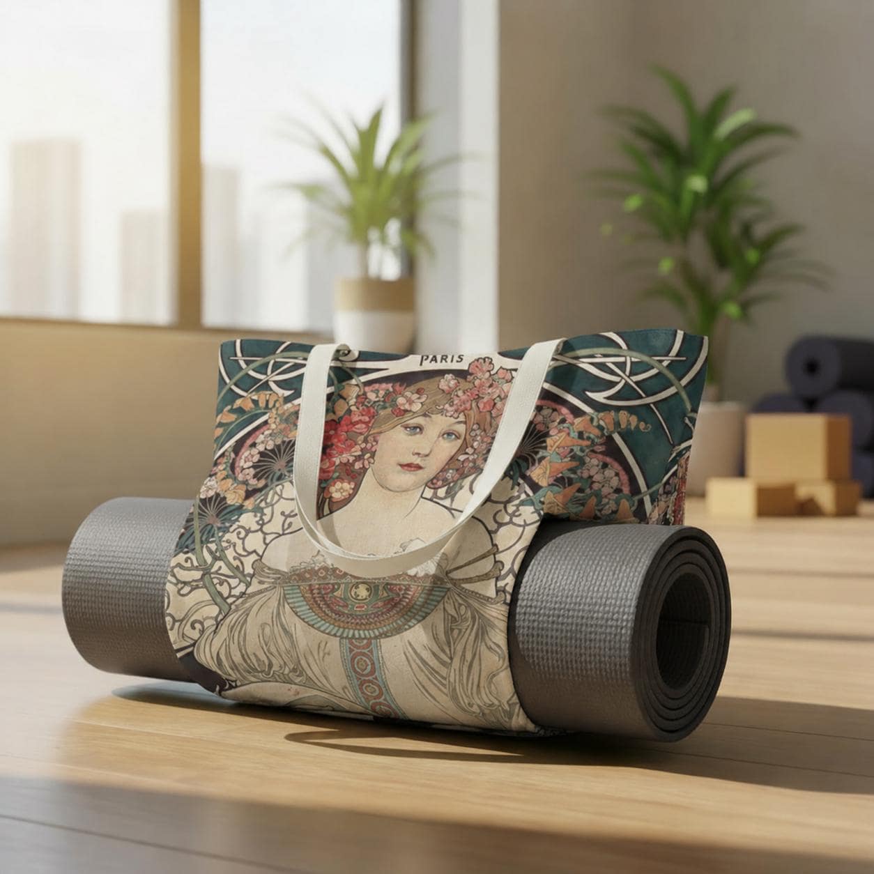 Art Nouveau Yoga Tote Bag with Mat Holder – Large Cotton Linen Fitness Shoulder Tote
