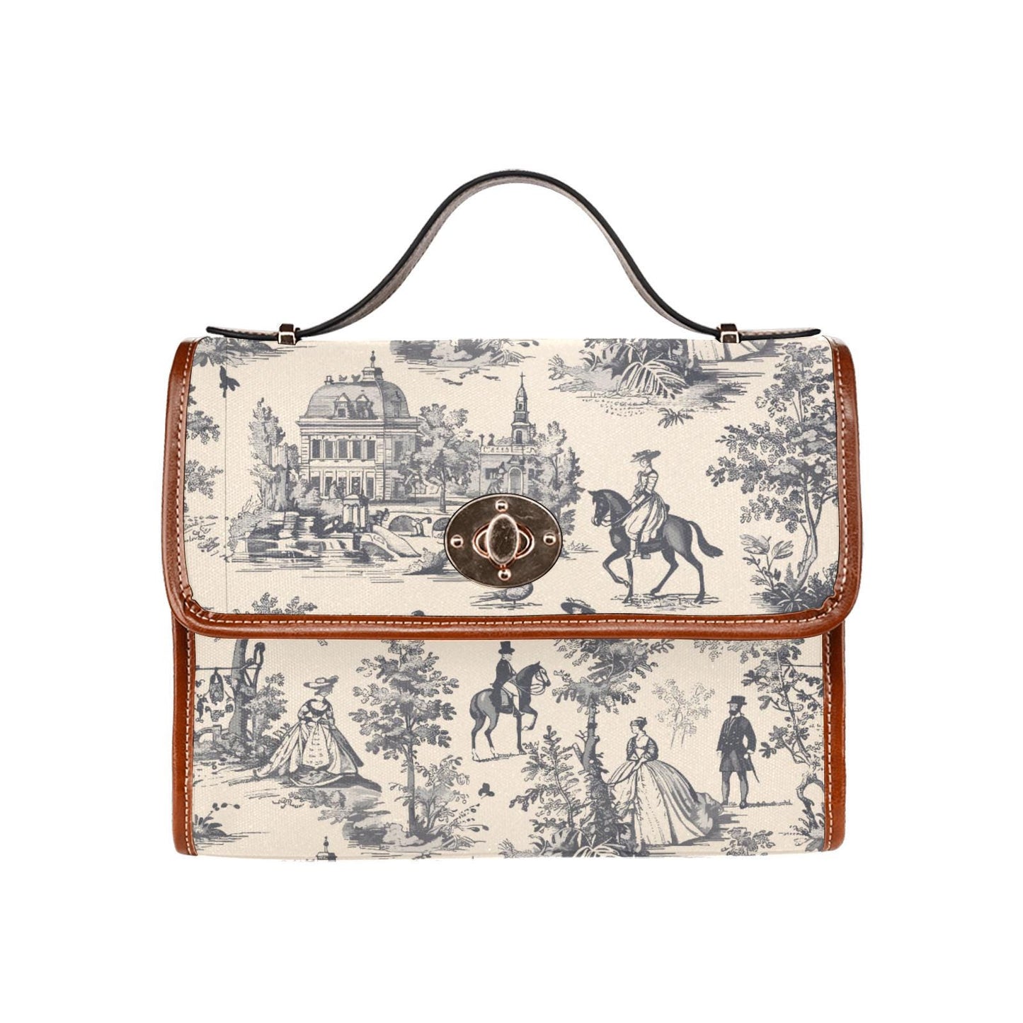Toile de Jouy Canvas Crossbody Bag – Vintage Eggshell Black Handbag Waterproof