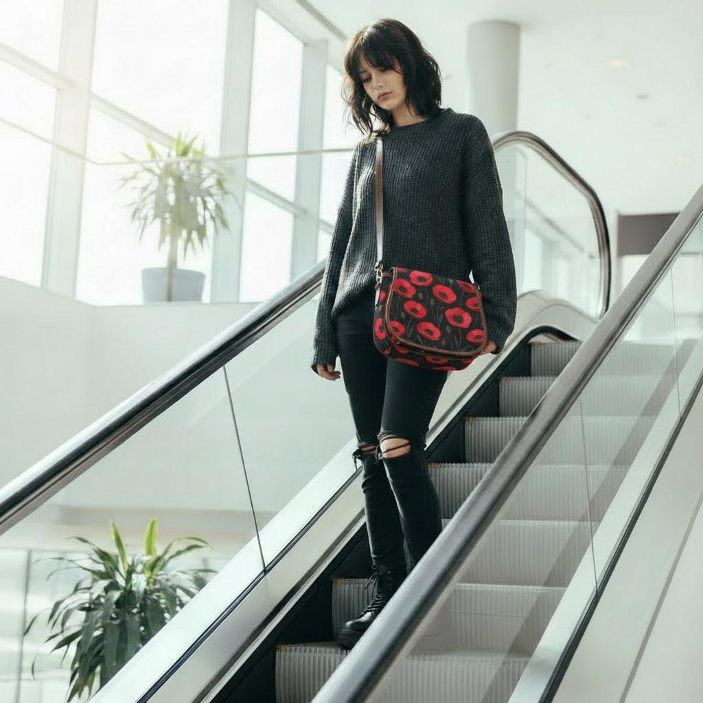 Black Red Poppies Shoulder Saddle Handbag, Romantic Gothic Dark Academia Crossbody
