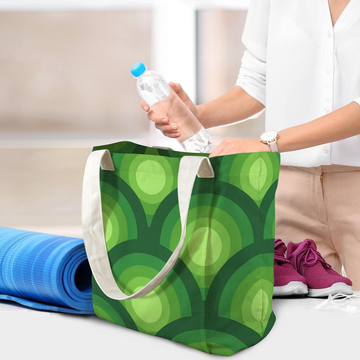 Green Retro 70s Yoga Mat Tote – Cotton Linen Gym & Pilates Bag