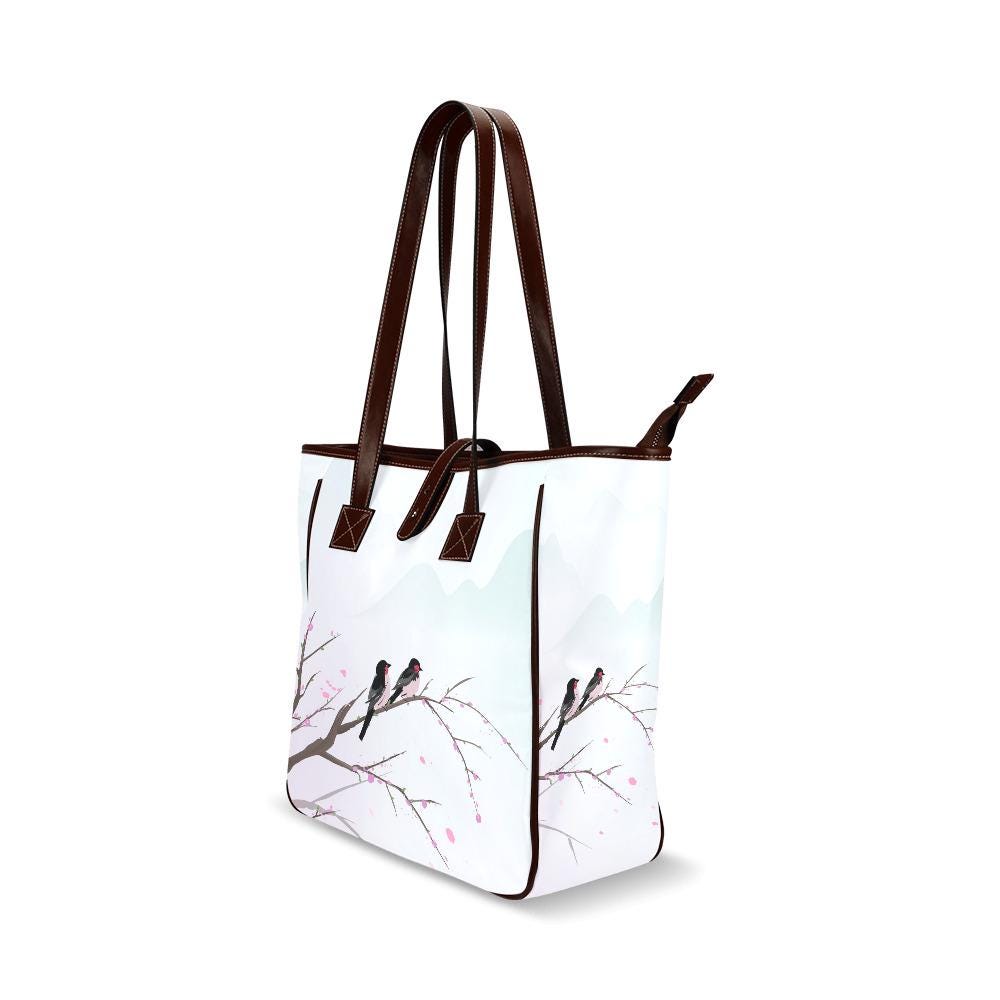 Sakura Watercolor Birds Tote Bag – Large Asian Art Style Handbag