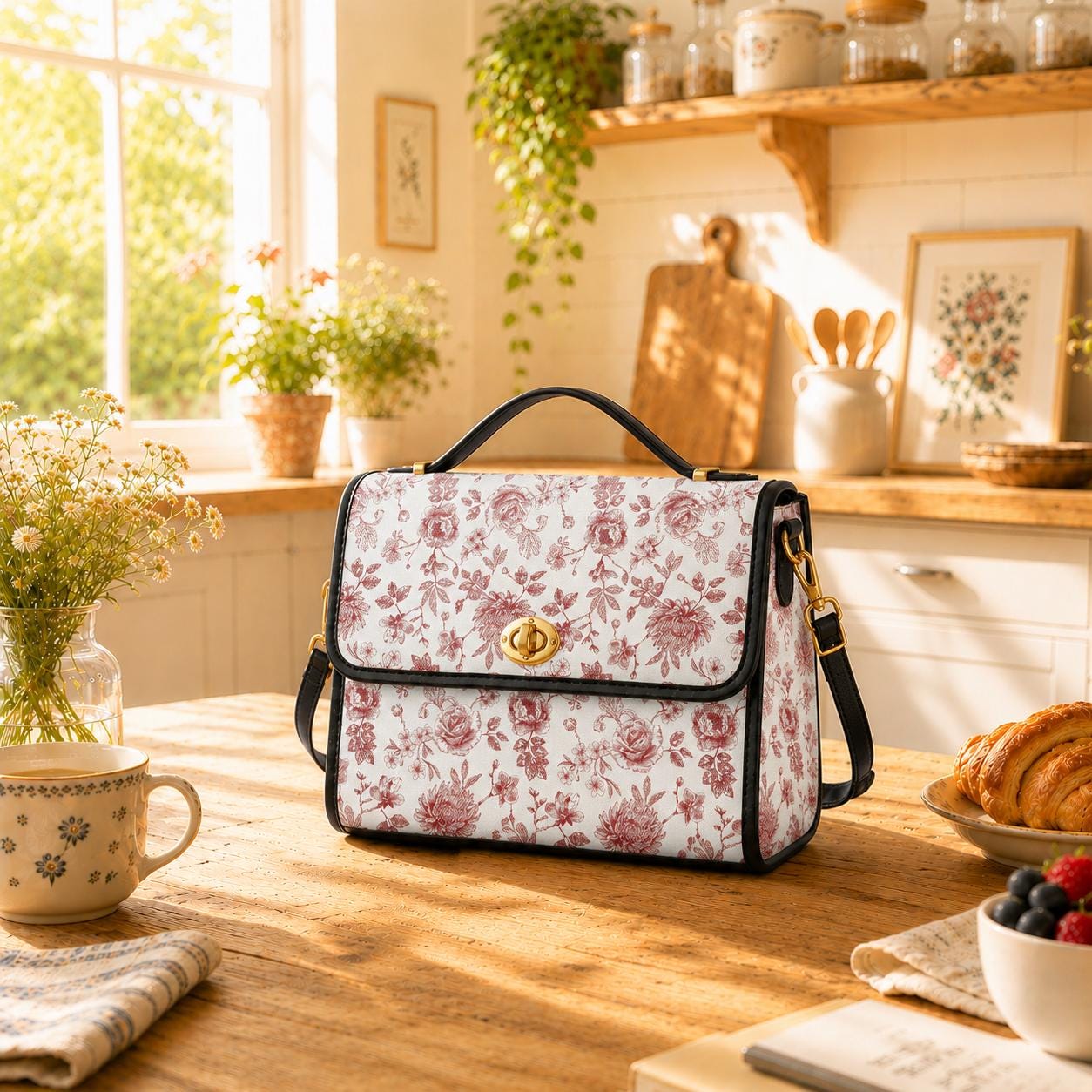 Red White Toile de Jouy Handbag – French Floral Vintage Canvas Crossbody