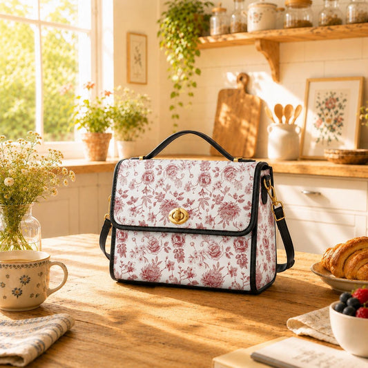 Red White Toile de Jouy Handbag – French Floral Vintage Canvas Crossbody