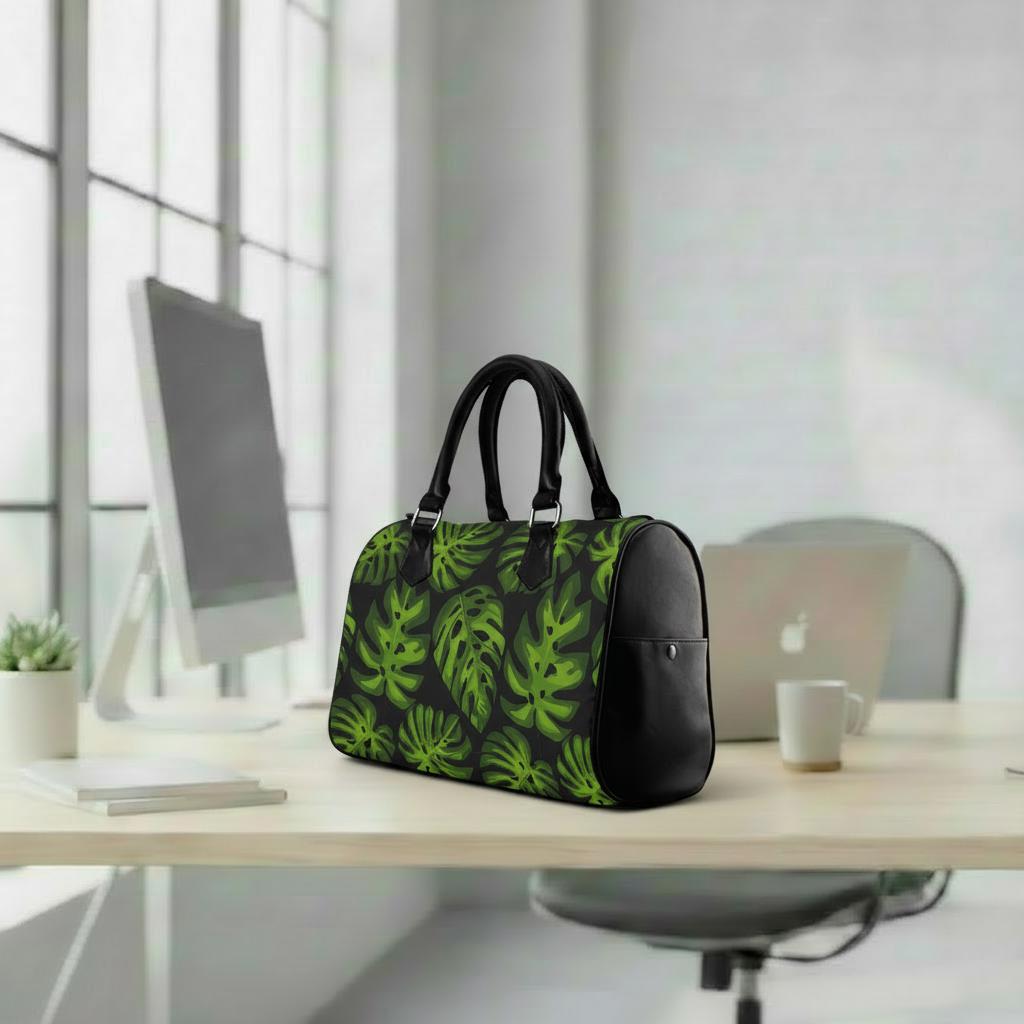 Retro 60s Monstera Print Barrel Handbag – Black Green Botanical Bag
