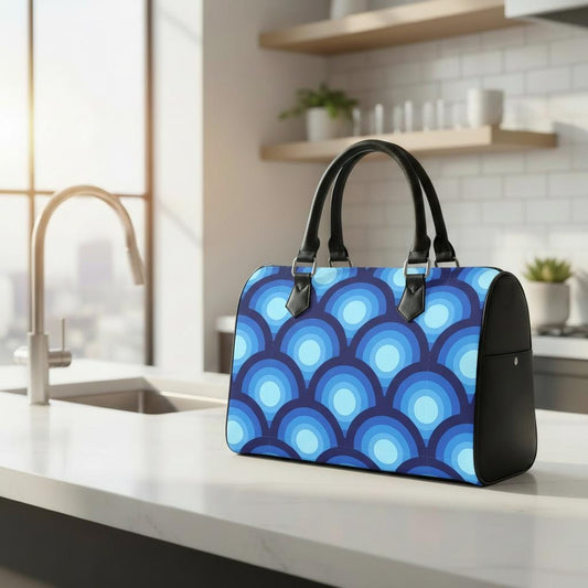Retro 70s Peacock Eye Print Barrel Handbag – Blue Black Everyday Top Handle Purse