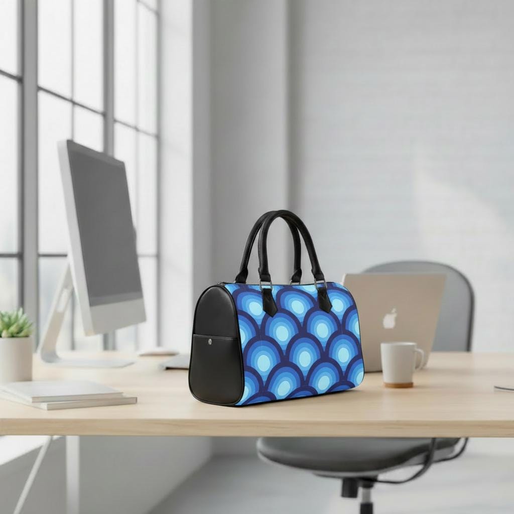 Retro 70s Peacock Eye Print Barrel Handbag – Blue Black Everyday Top Handle Purse