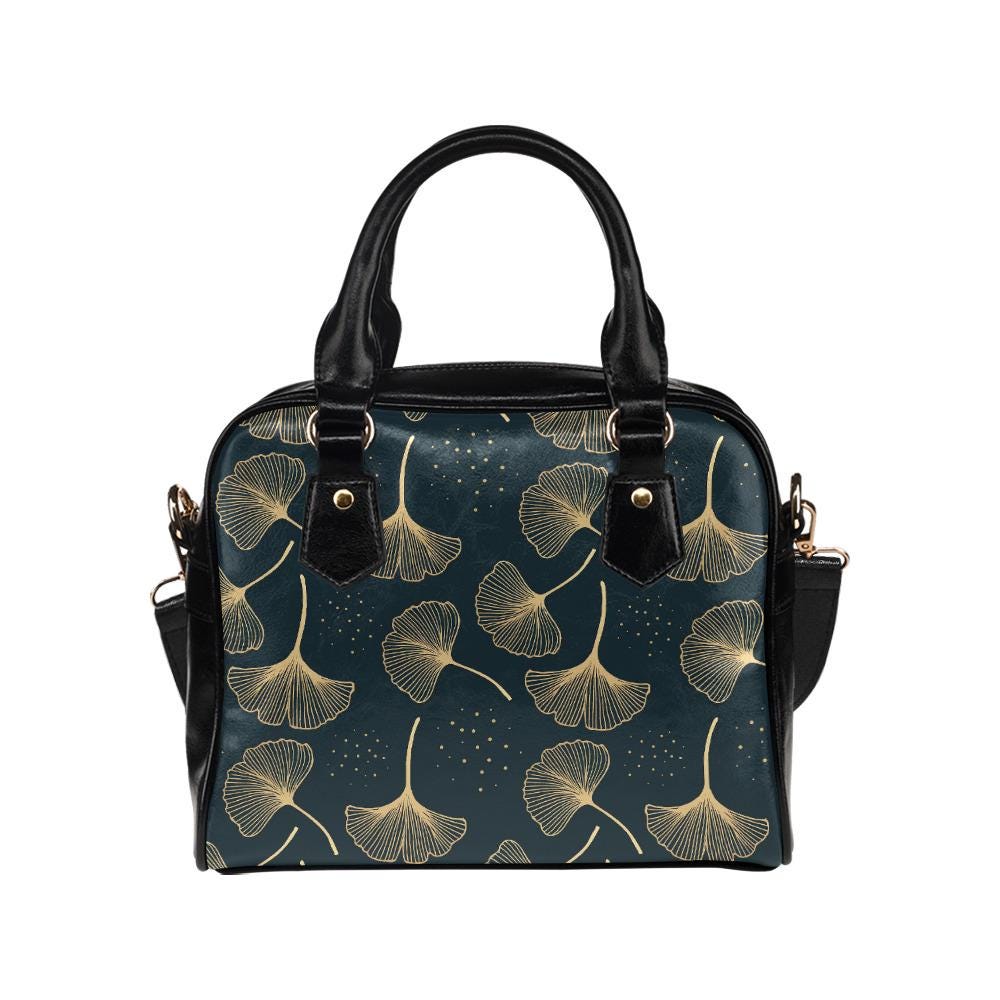Black Gold Ginkgo Leaves Shoulder Handbag – Botanical Vegan PU Leather Handbag