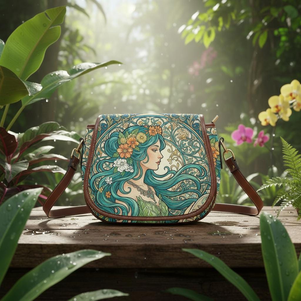 Art Nouveau Floral Saddle Bag, Romantic Crossbody or Shoulder Handbag