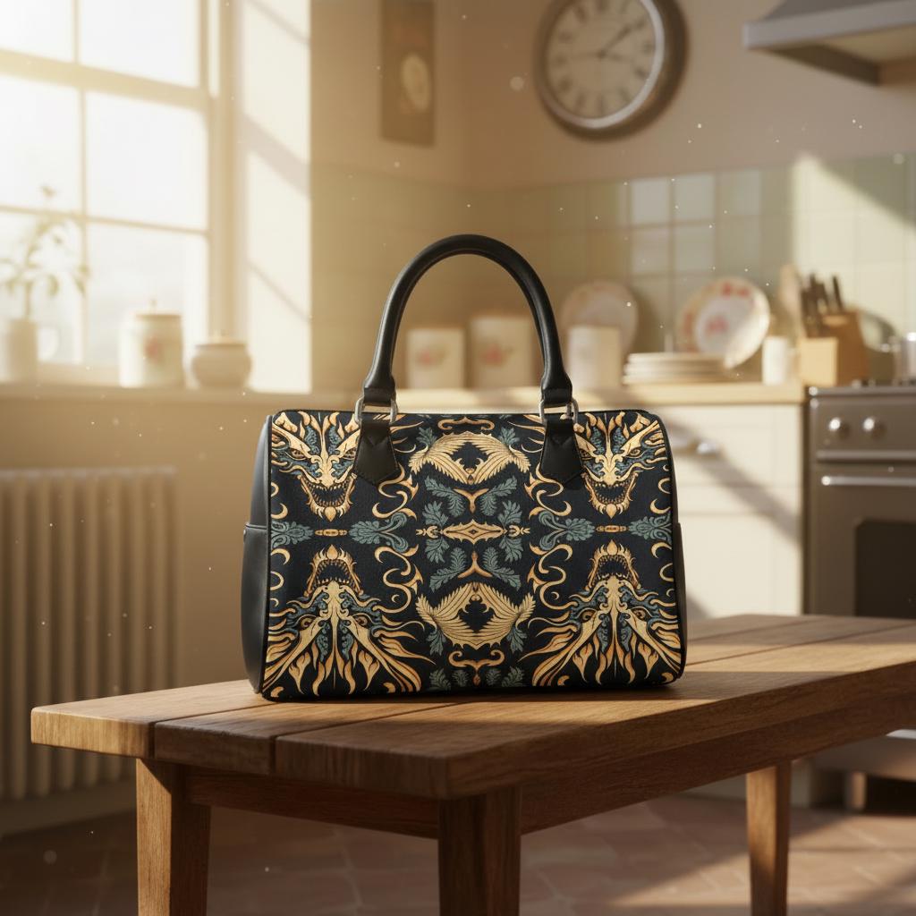 Asian Dragon Print Barrel Handbag – Black Gold Everyday Bag