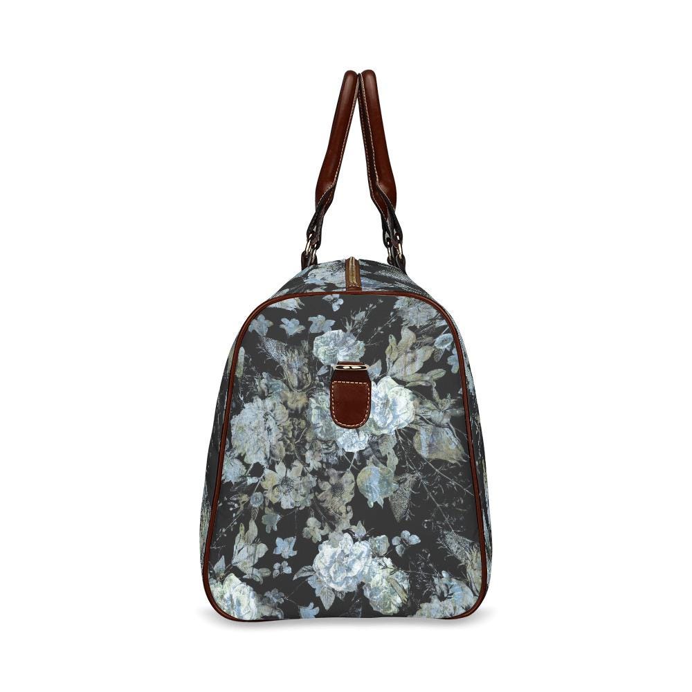 Dark Academia Black Gray Floral Travel Bag – Waterproof Grunge Weekender Duffle