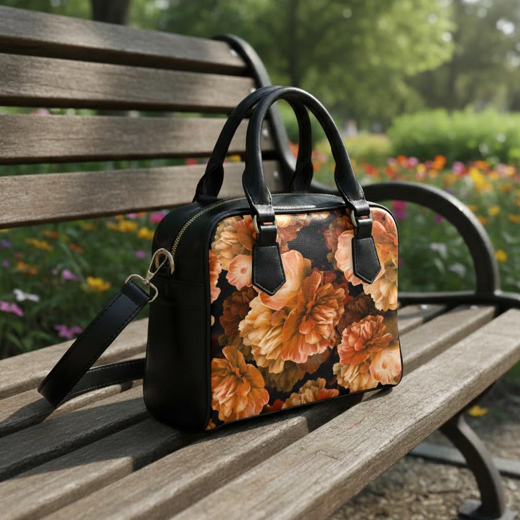 Bold Orange Peony Flowers Top Handle Shoulder Handbag