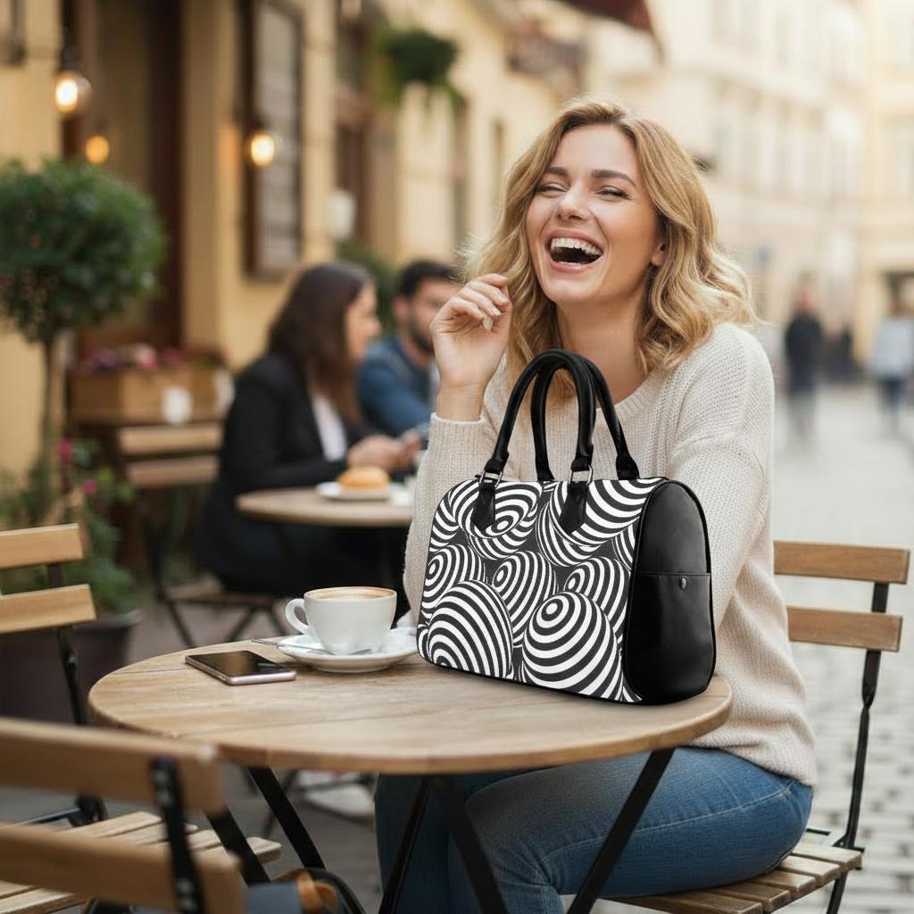 Retro 80s Op-Art Barrel Handbag – Black White Monochrome Everyday Purse