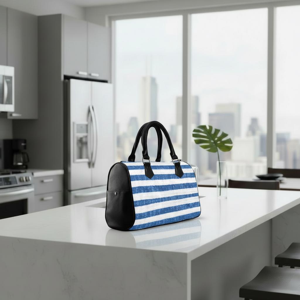Sac à main en toile à rayures bleues et blanches – Sac à main végétalien en similicuir d'inspiration nautique