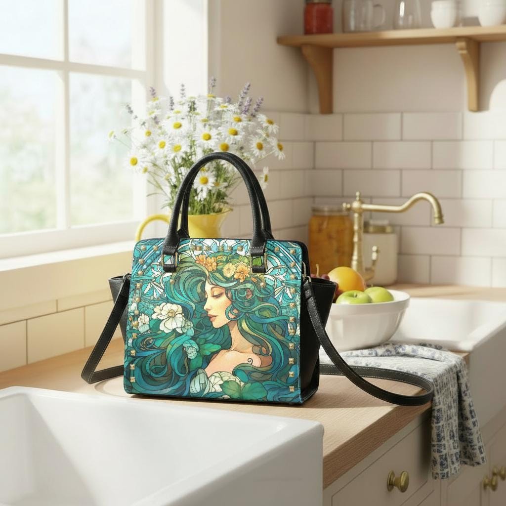 Blue Green Art Nouveau Girl Shoulder Handbag – Vintage Romantic Art Print Purse