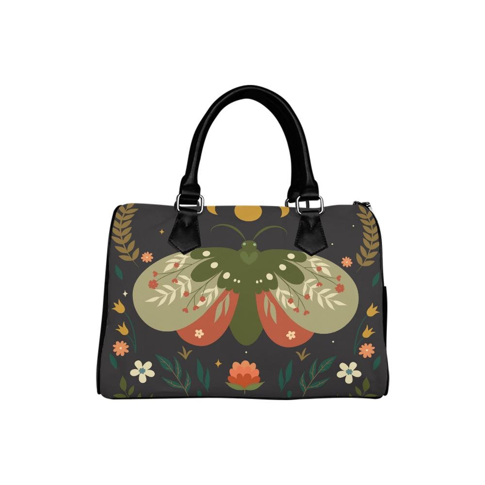 Dark Academia Moth Barrel Handbag – Black Green Orange Everyda Bag