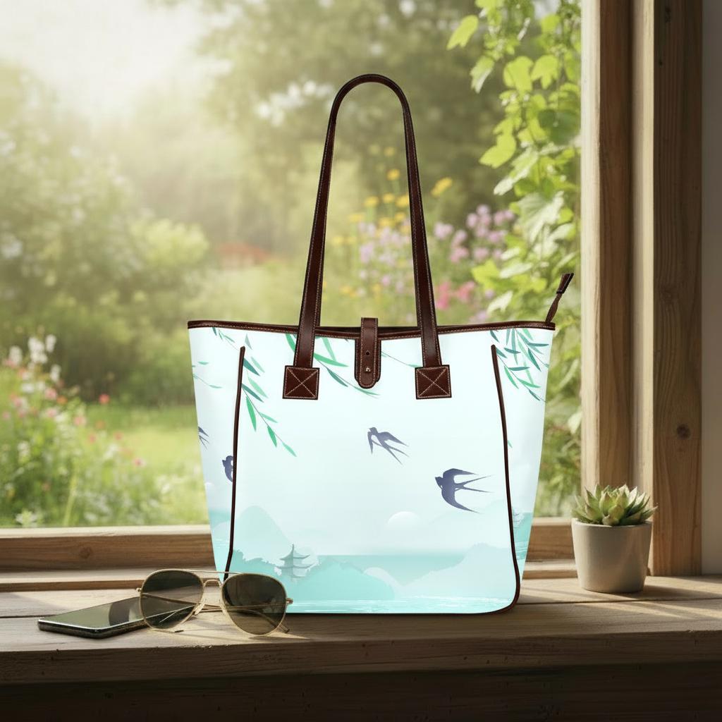 Blue Delicate Watercolor Swallow Tote Bag – Large Asian Style Handbag