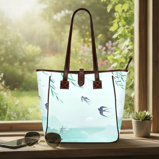 Blue Delicate Watercolor Swallow Tote Bag – Large Asian Style Handbag