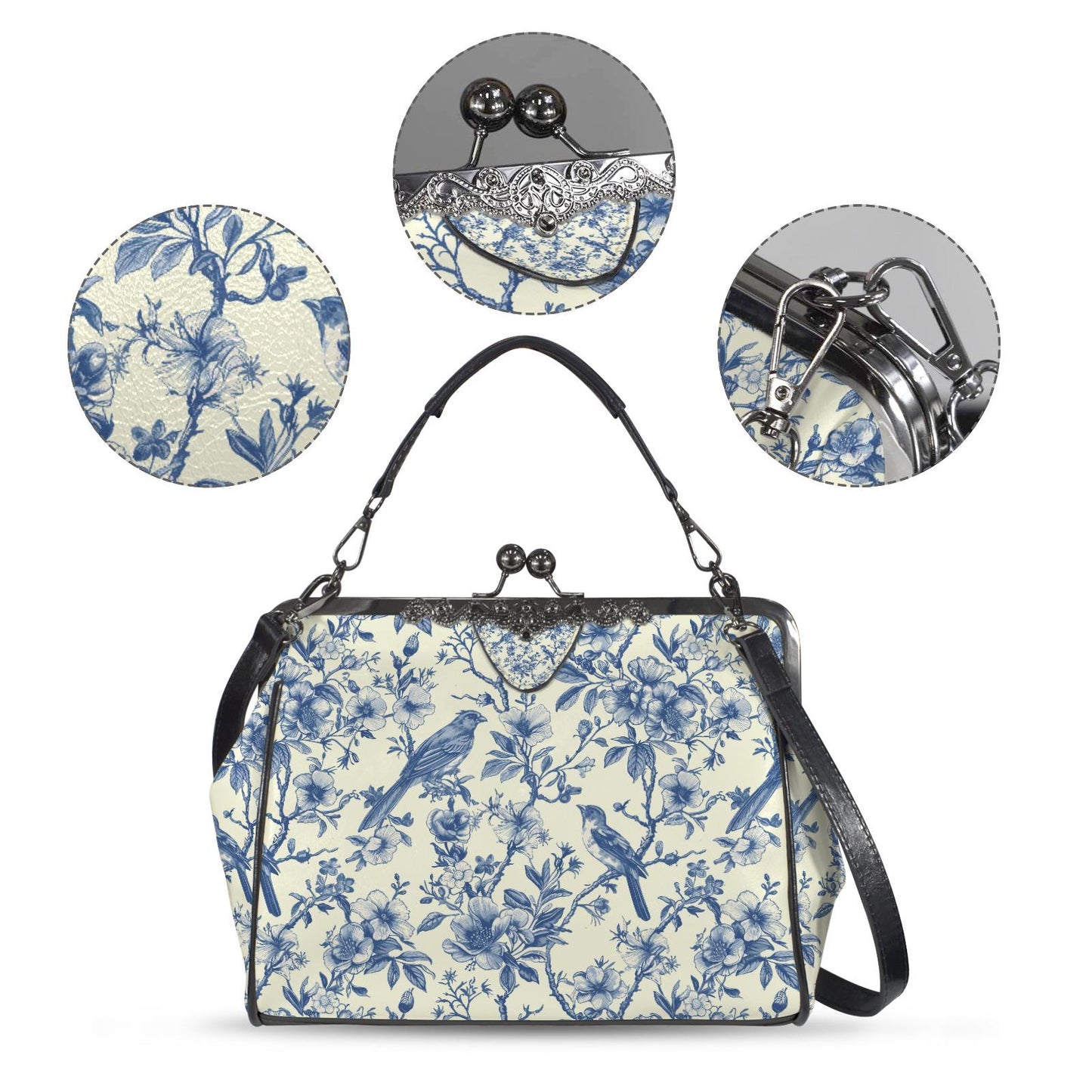 Toile de Jouy Vintage Kisslock Crossbody Bag – Victorian Handbag with Adjustable Strap