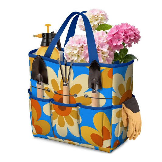 Retro 70s Gardening Tool Organizer Bag – Bold Blue Orange Flower Power Tote