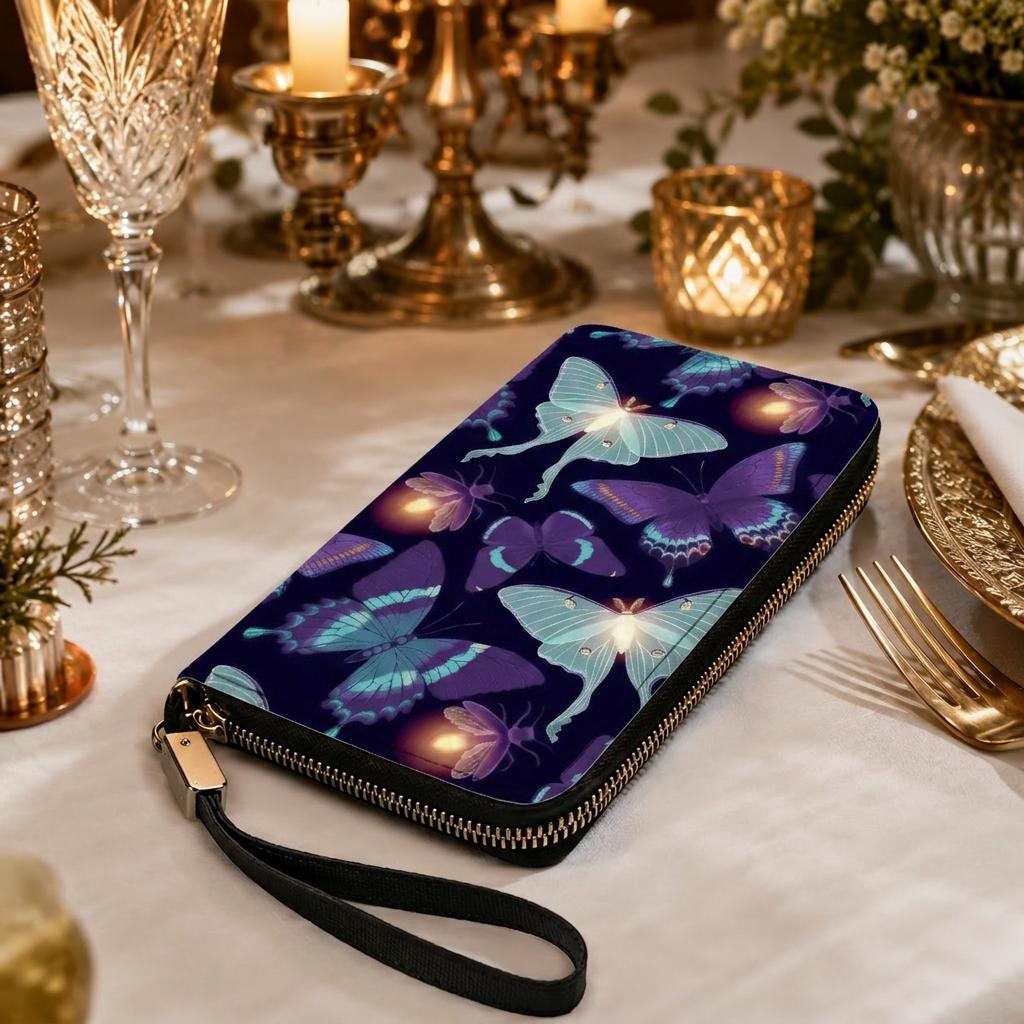 Purple Black Butterflies & Moths Clutch Wallet – Dark Academia Vegan Purse