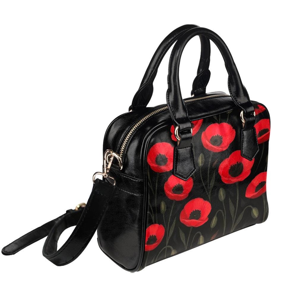 Red Black Poppy Field Shoulder Handbag – Bold Floral Crossbody Bag with Handles
