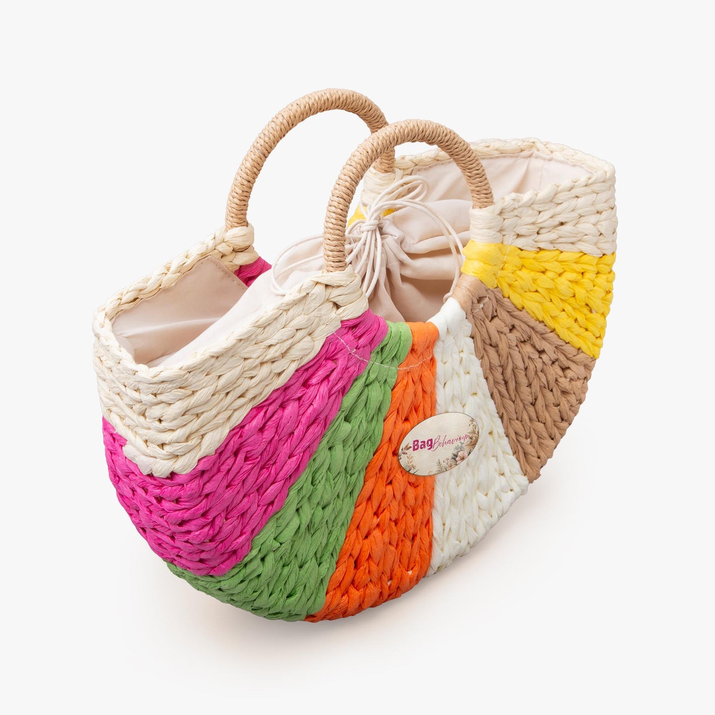 Rainbow Straw Handbag – Boho Rattan Summer Bag with Ring Handles