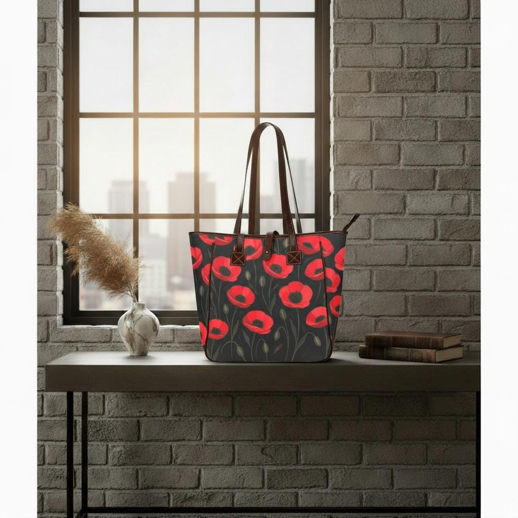Bolso tote grande negro y rojo con amapolas – bolso de estilo floral dark academia