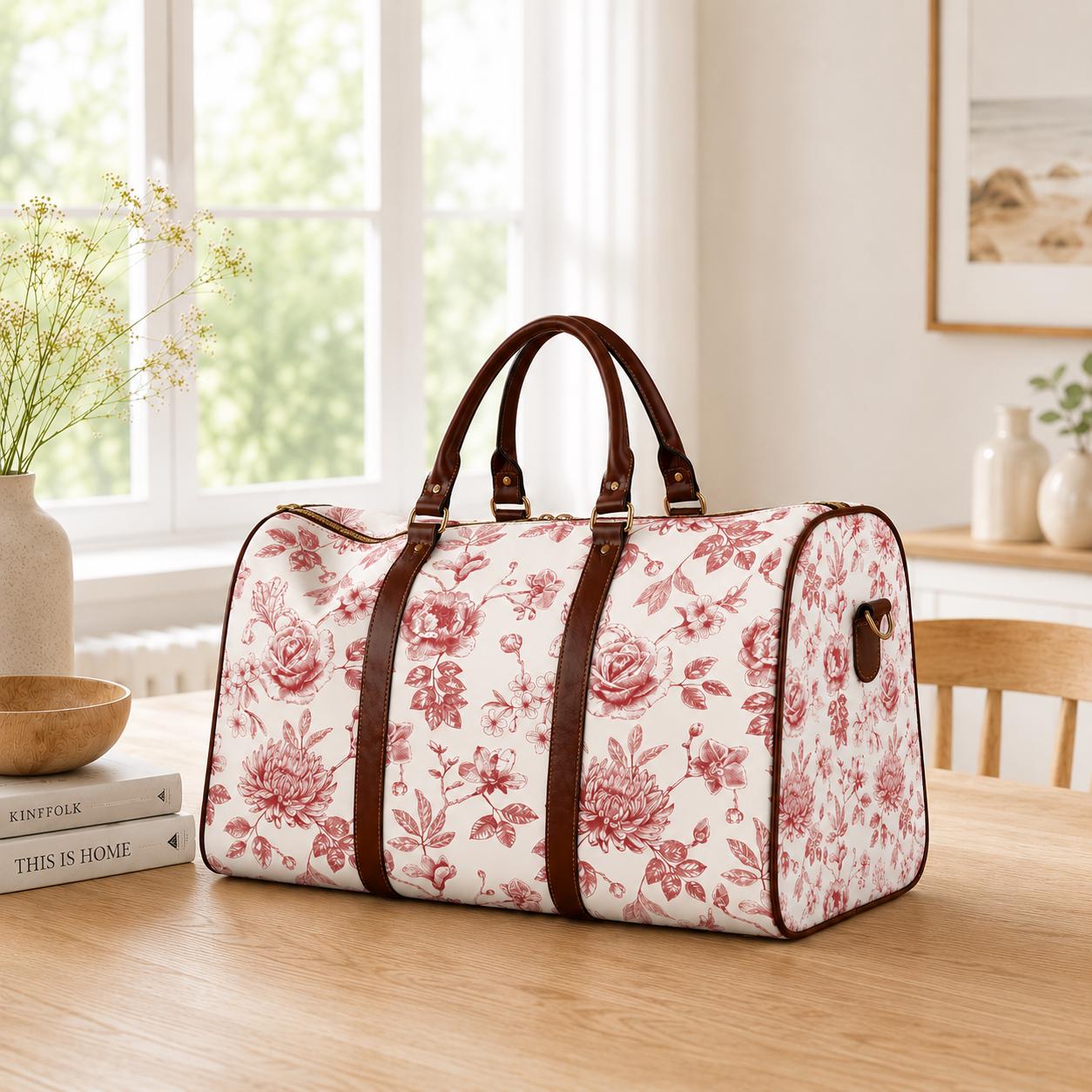 Toile de Jouy White Red Floral Weekend Travel Bag – French Vintage Carry-On Luggage
