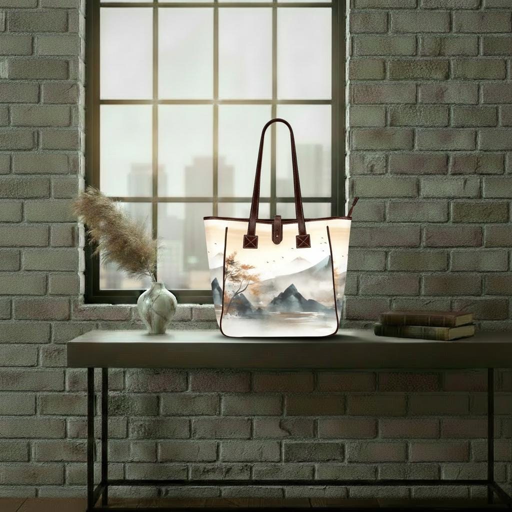 Japanese Watercolor Mountains Tote Bag – Large Asian Art Style Handbag