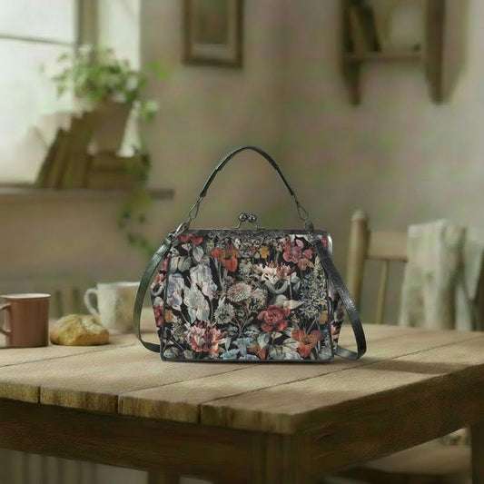 Dark Academia Moody Floral Vintage Kisslock Bag - Victorian Gothic Crossbody