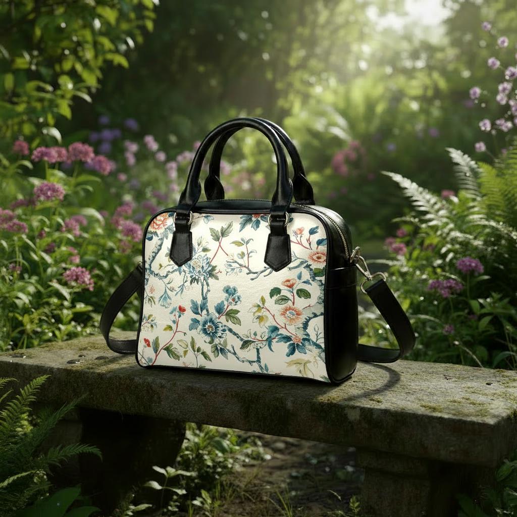 Toile de Jouy Shoulder Handbag – French Vintage Floral Handbag with Top Handle