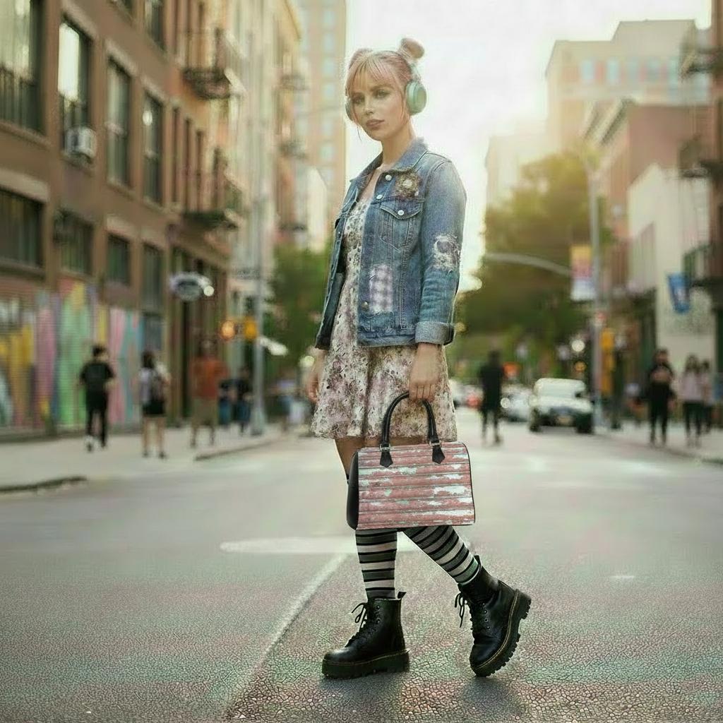 Whimsy Grunge Alternative Barrel Type Handbag – Peeling Paint Look Bag
