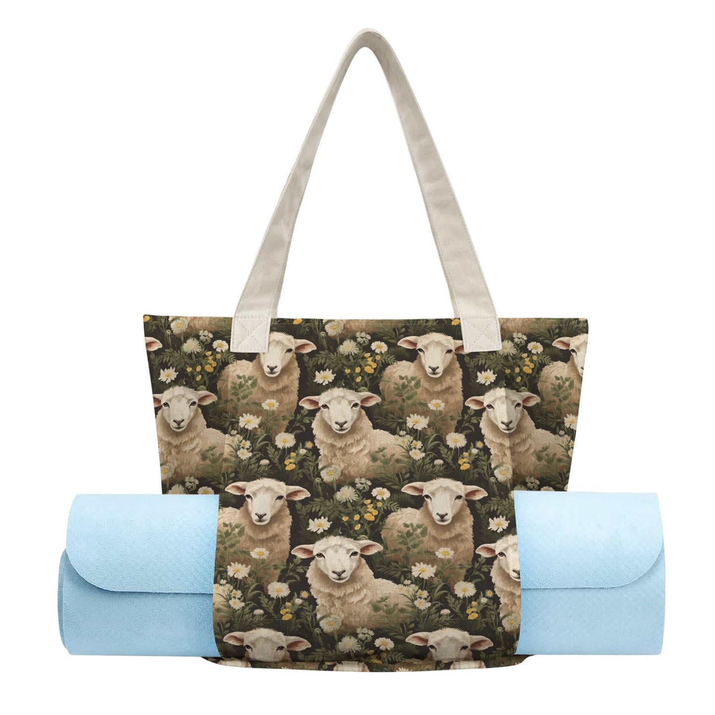Sheep Yoga Tote Bag with Mat Holder – Large Animal Lover Cotton Linen Tote