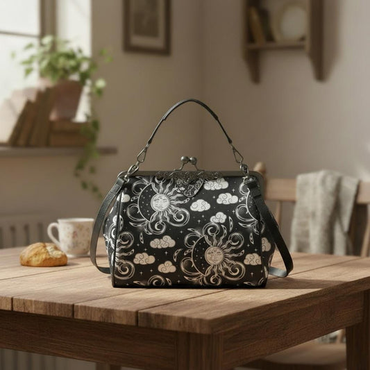 Witchcraft Sun and Moon Kisslock Handbag – Dark Academia Black White Crossbody
