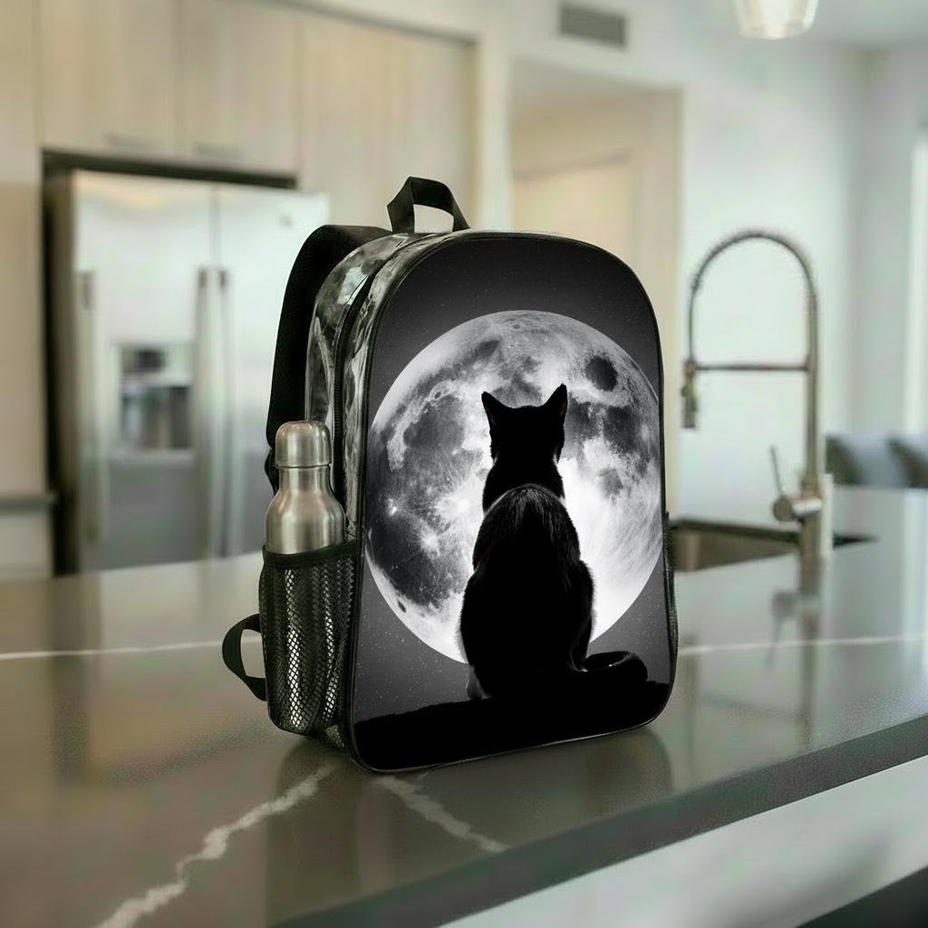 Black Cat & Moon Clear PVC Backpack, School Travel Business Daypack with Side Pockets