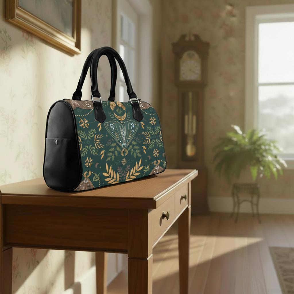 Bolso de mano tipo barril caprichoso de estilo folclórico nórdico – Bolso gótico negro y verde de la academia oscura