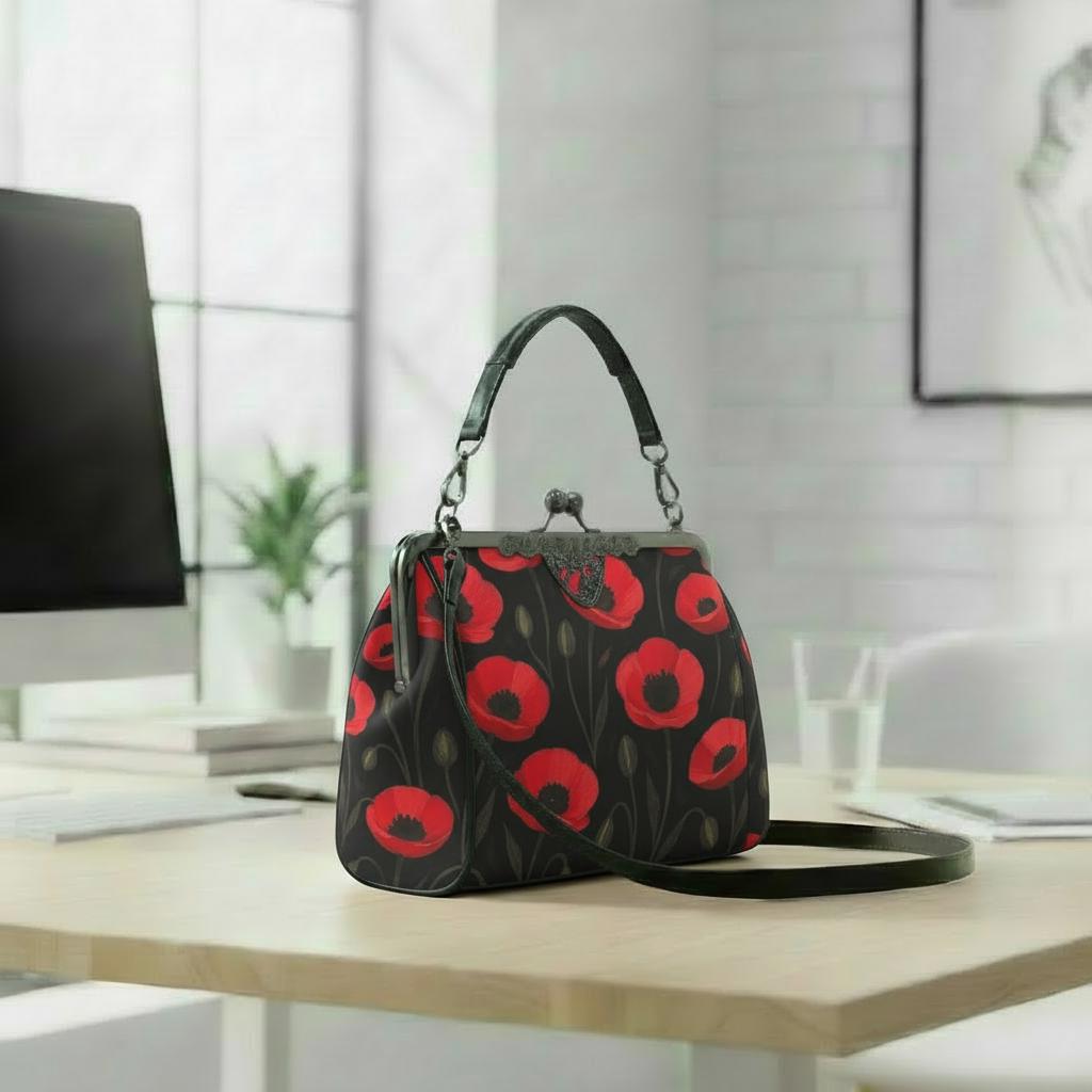 Black Red Poppies Dark Academia Kisslock Handbag – Vintage Gothic Crossbody Bag