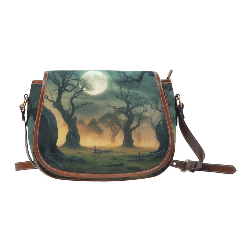 Foggy Trees at Night Dark Academia Saddle Bag - Moody Gothic Crossbody Handbag