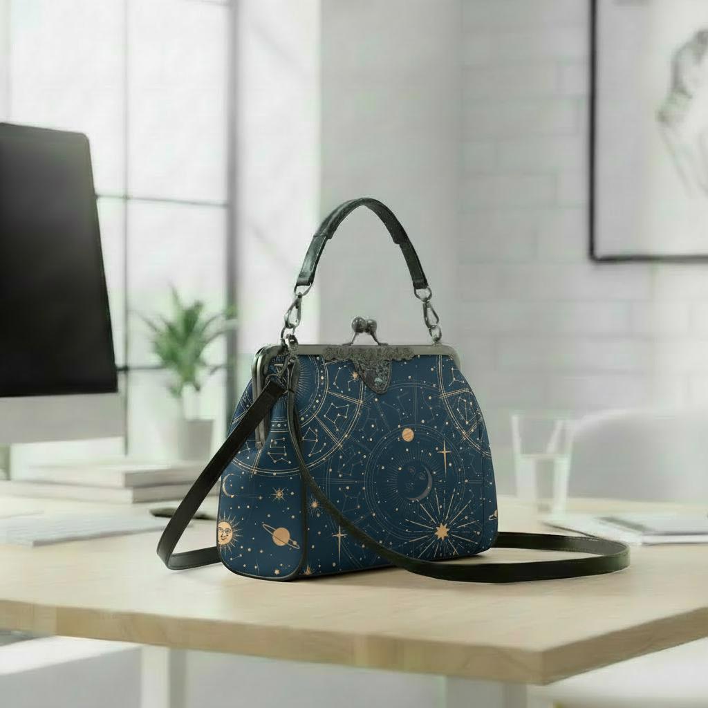 Moon Stars Witchy Astrology Kisslock Crossbody Handbag