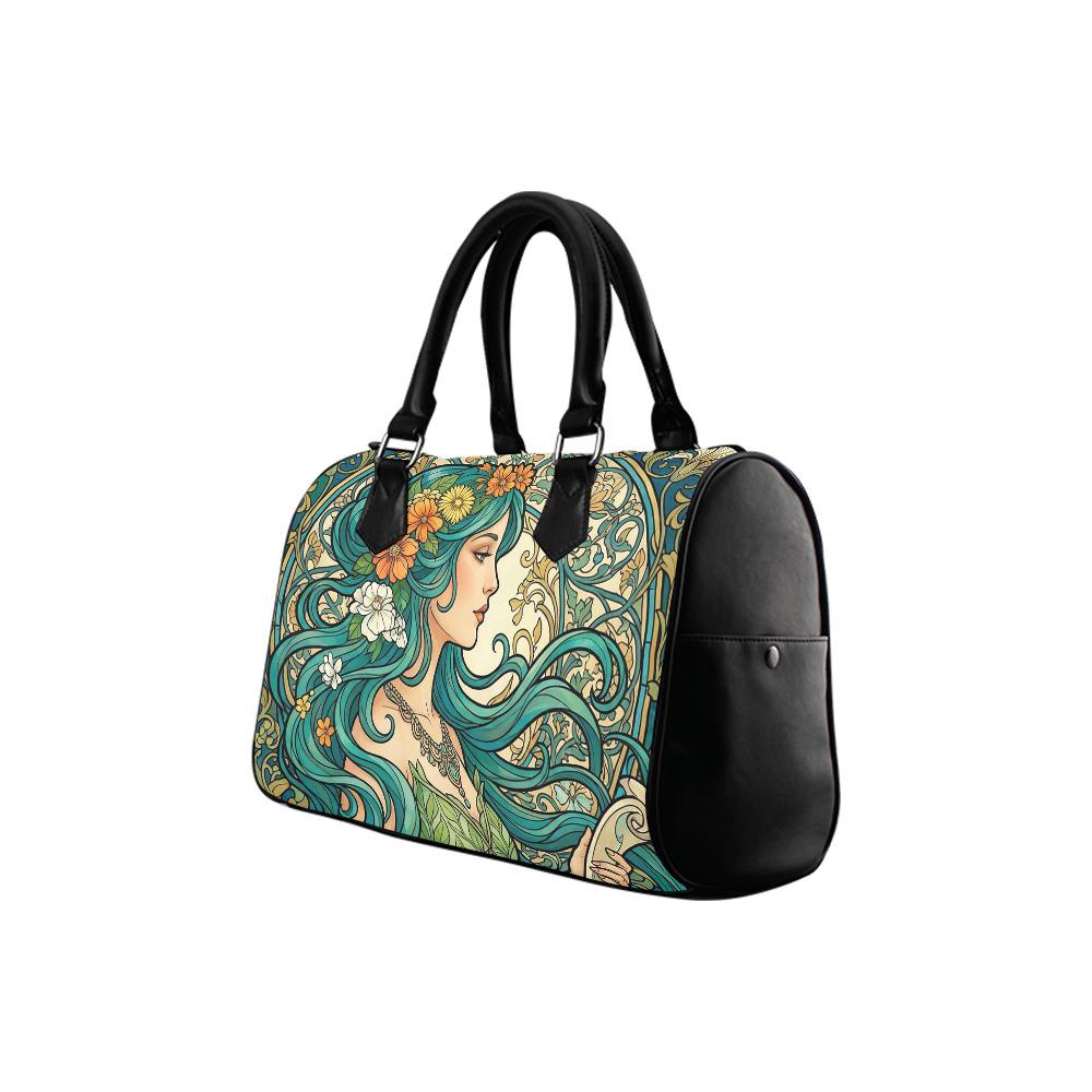 Art Nouveau Barrel Type Handbag – Green Black Romantic Bag