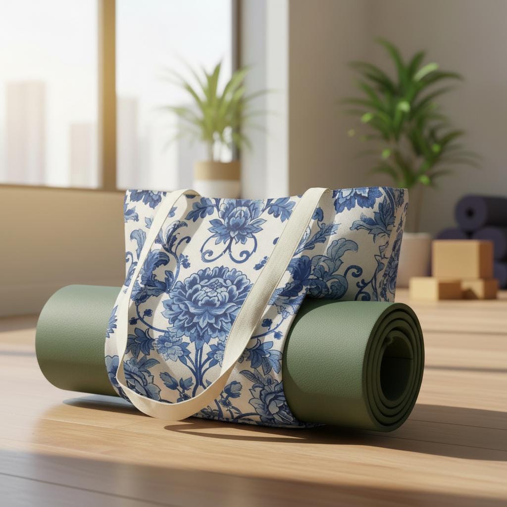 Toile de Jouy Yoga Tote Bag – French Vintage Mat Carrier