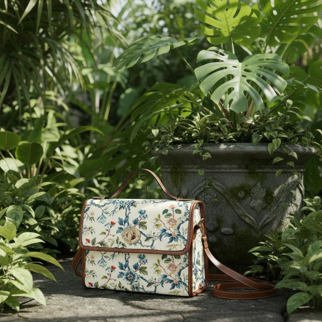 Toile de Jouy Canvas Crossbody Bag – Vintage Eggshell Green Floral Handbag